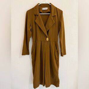 Vintage Brown Women's Collared V neck Long sleeve Wrap Blazer Dress Gold button
